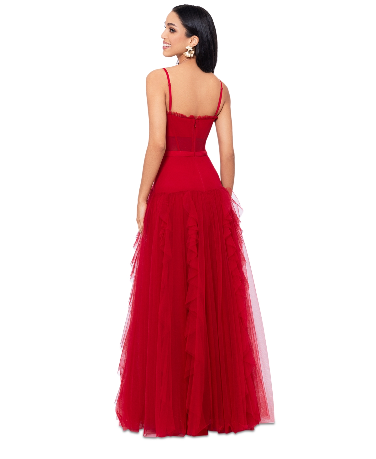 Shop Betsy & Adam Women's Mesh Ruffled Ball Gown In Red