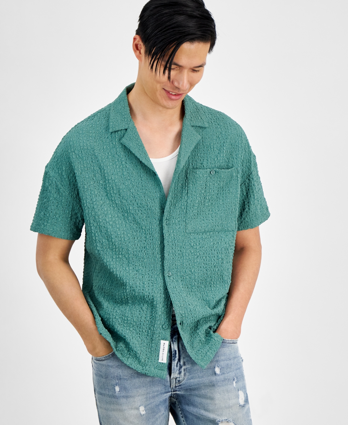 Men's Oversized-Fit Button-Down Seersucker Camp Shirt - Teal