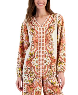 売れ筋商品|||ジェイエムコレクション カットソー トップス レディース Women's Printed Satin V-Neck Long-Sleeve Top, Exclusively at Macy's Teal Spark 26604217_fpx.tif?$filterlrg$&