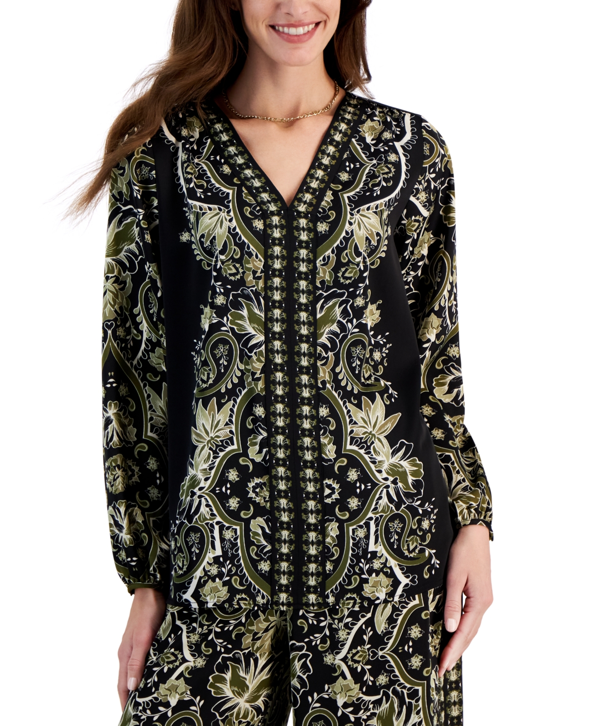 Jm Collection Women's Long Sleeve Printed V-neck Satin Top, Created For Macy's In Deep Black Combo