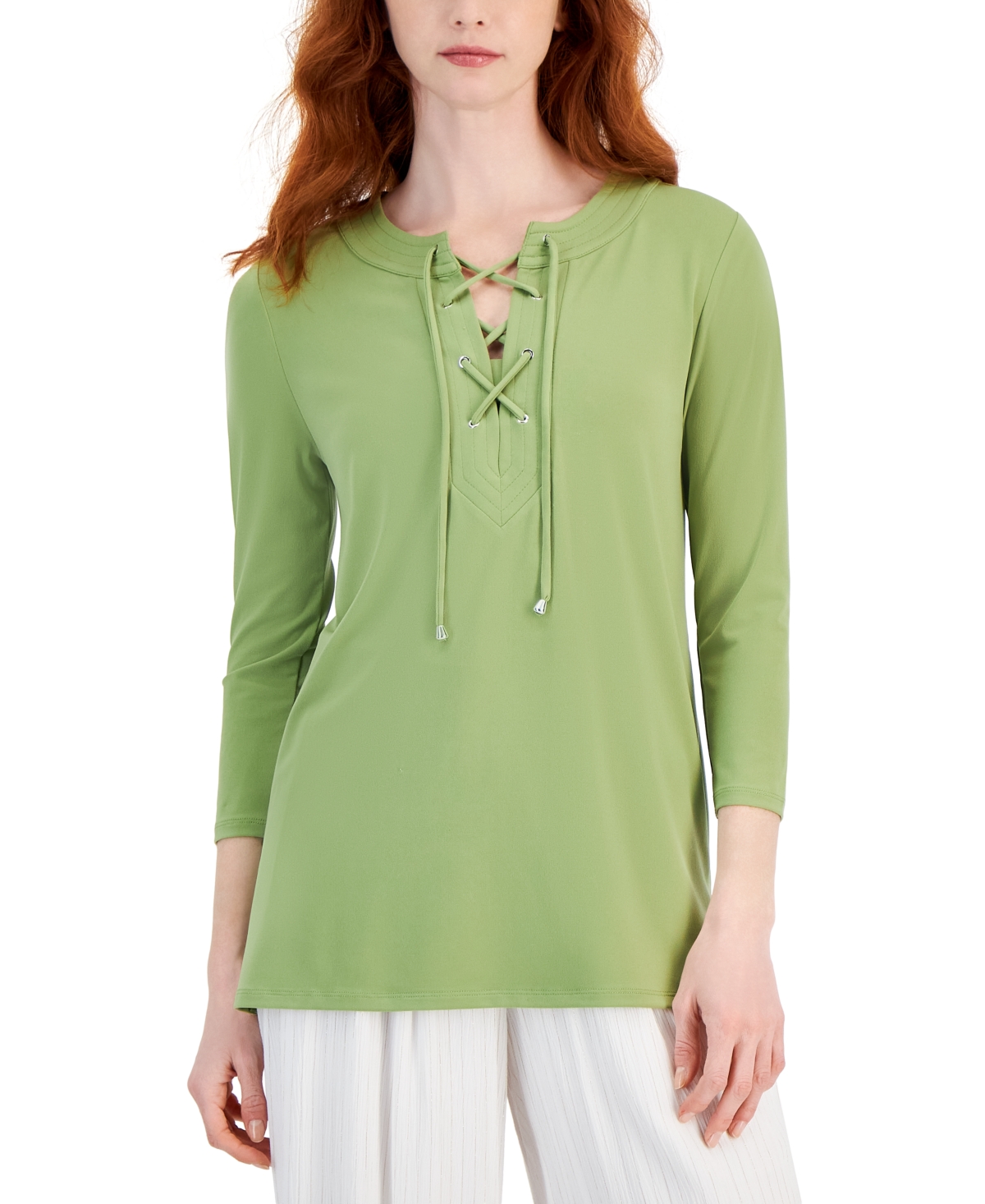 Jm Collection Women's Solid 3/4 Sleeve Lace-Up Knit Top, Created for Macy's