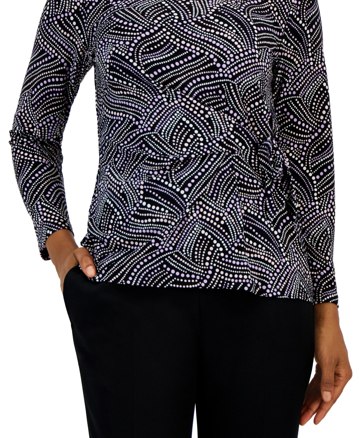 Shop Kasper Women's Dot-print Tie-side Top In Black,lavendar Mist Multi