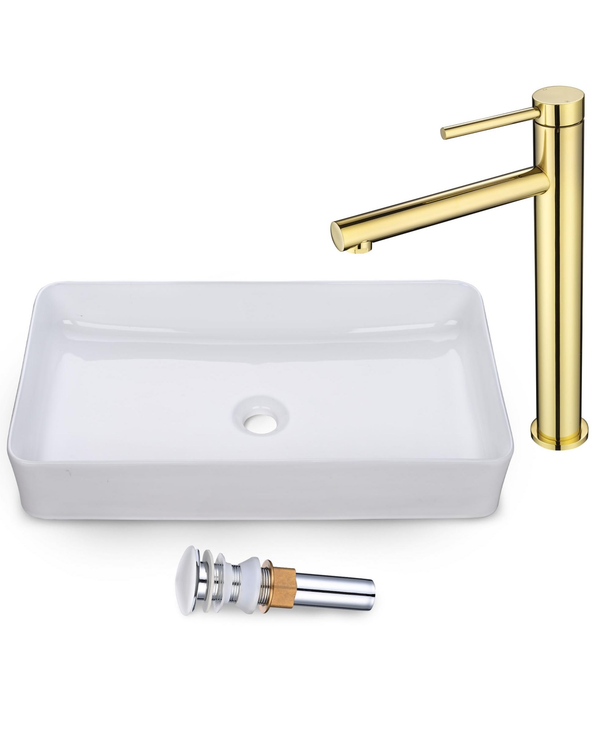 Rectangle Bathroom Countertop Vessel Sink & Gold Mixer Faucet Set w/Pop Up Drain - Natural