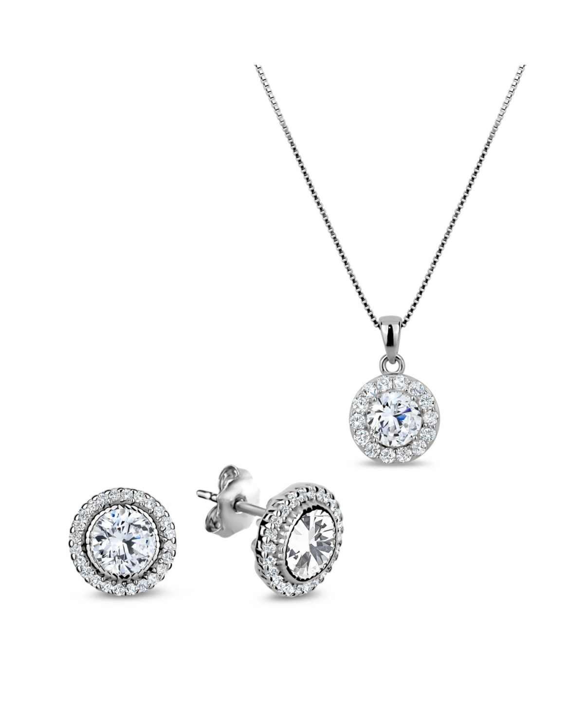 5A Cubic Zirconia Round Pendant Necklace and Earrings Set - Silver