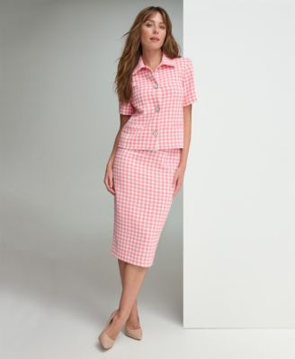 Shop Tommy Hilfiger Womens Gingham Short Sleeve Jacket Midi Pencil Skirt In Ivory,sherbet