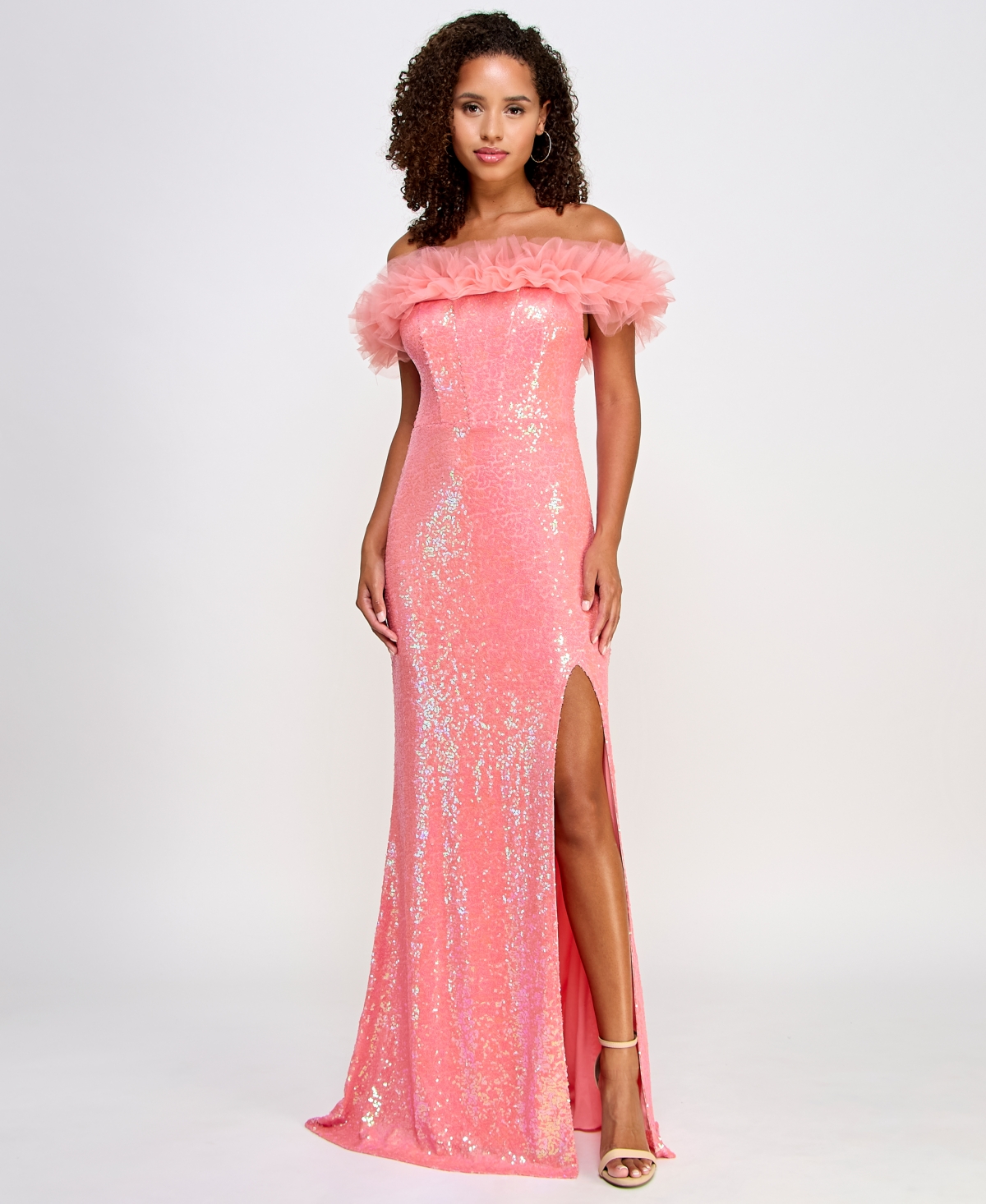 Juniors' Tulle-Trim Off-The-Shoulder Sequin Gown, Created for Macy's - Neon Coral