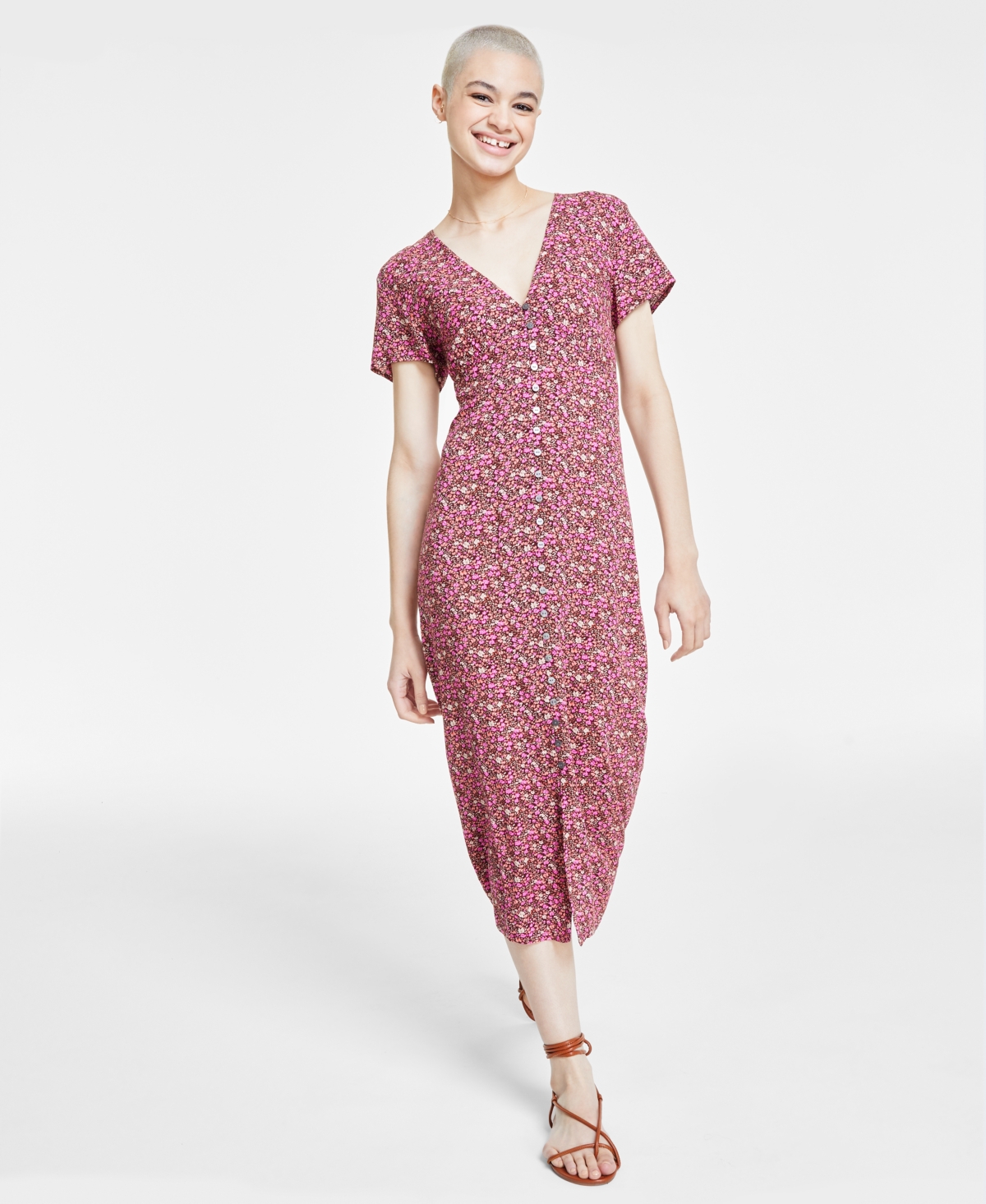 Women's Floral Print Button Front Midi Dress - Rum Raisin Multi