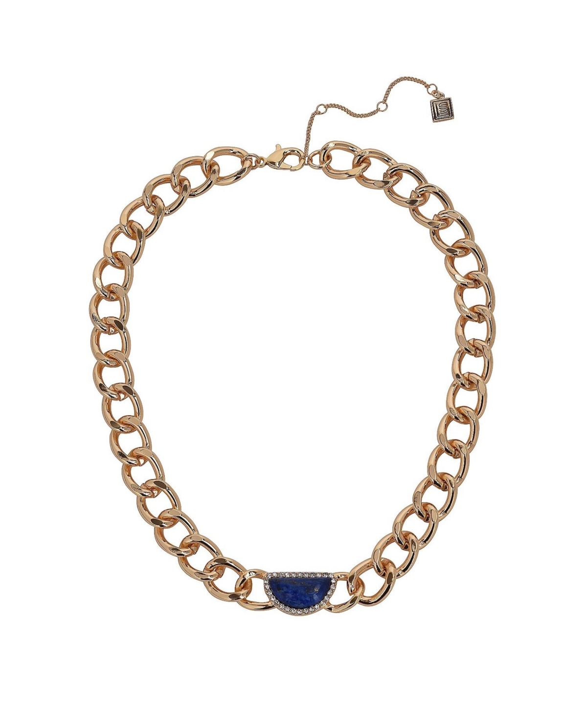 Gold Tone Chain Link Necklace with Blue Center Stones - Blue