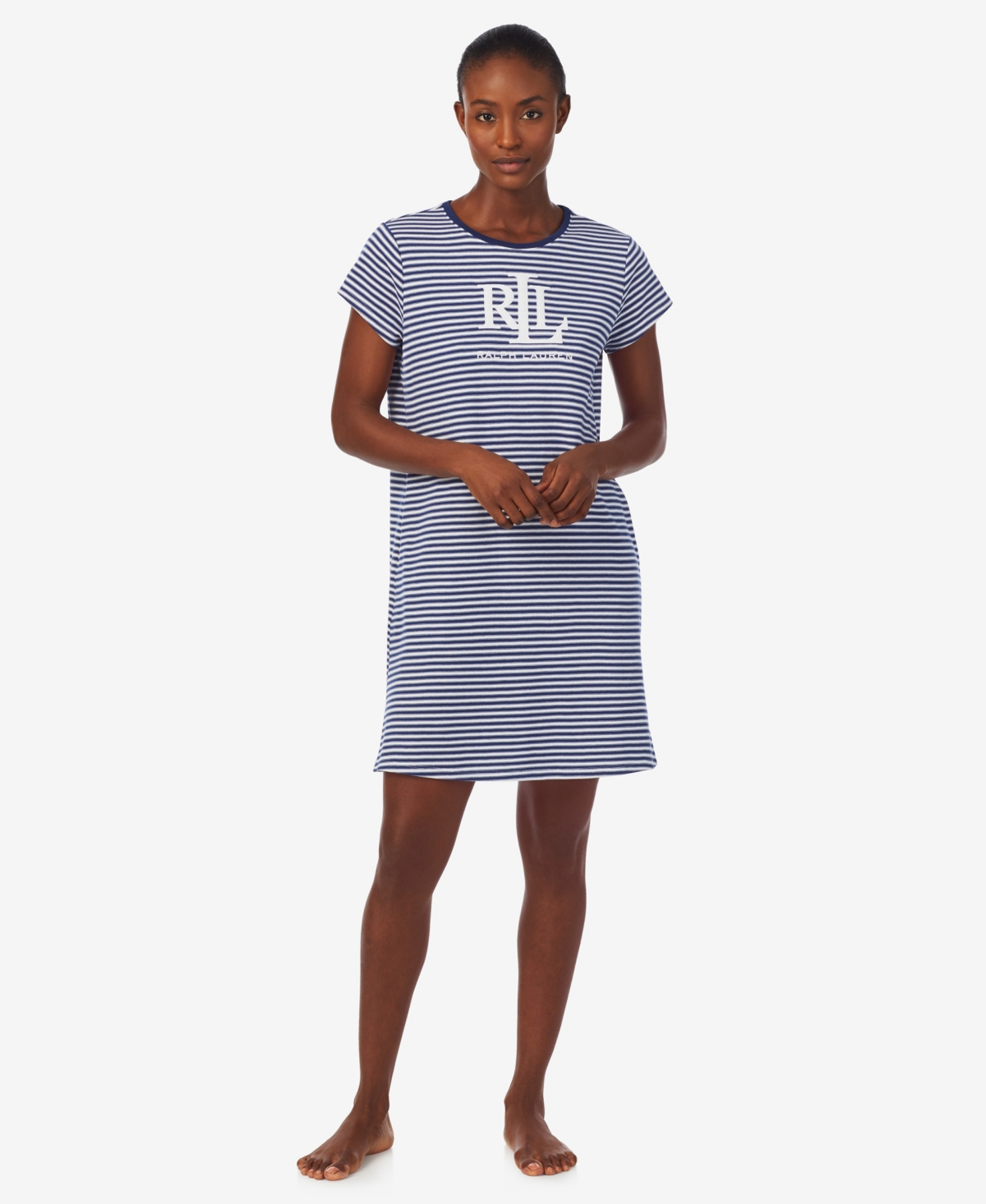 Lauren Ralph Lauren Women's Short Sleeve Crew Neck Sleep T-shirt Nightgown In Navy Stripe