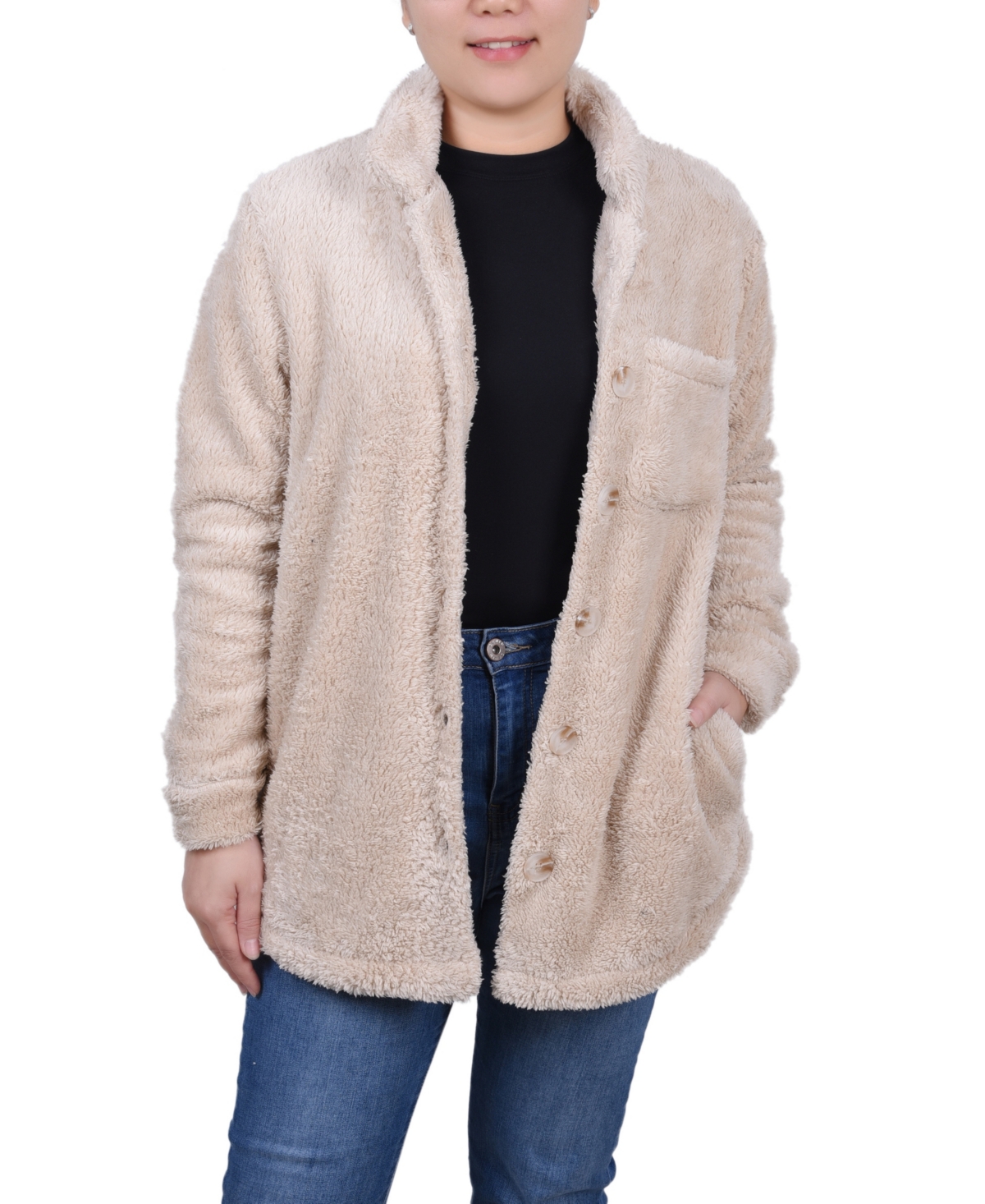 Ny Collection Plus Size Long Sleeve Button Front Sherpa Jacket In Tan