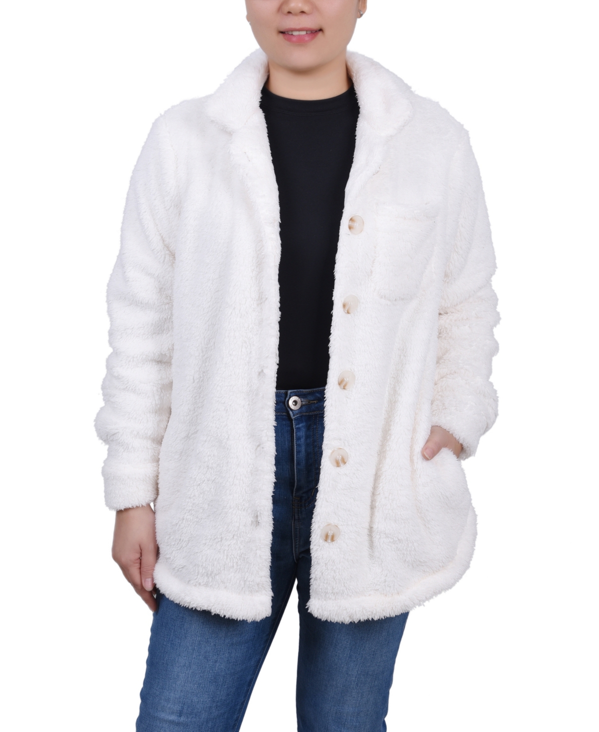 Ny Collection Petite Long Sleeve Button Front Sherpa Jacket In Ivory