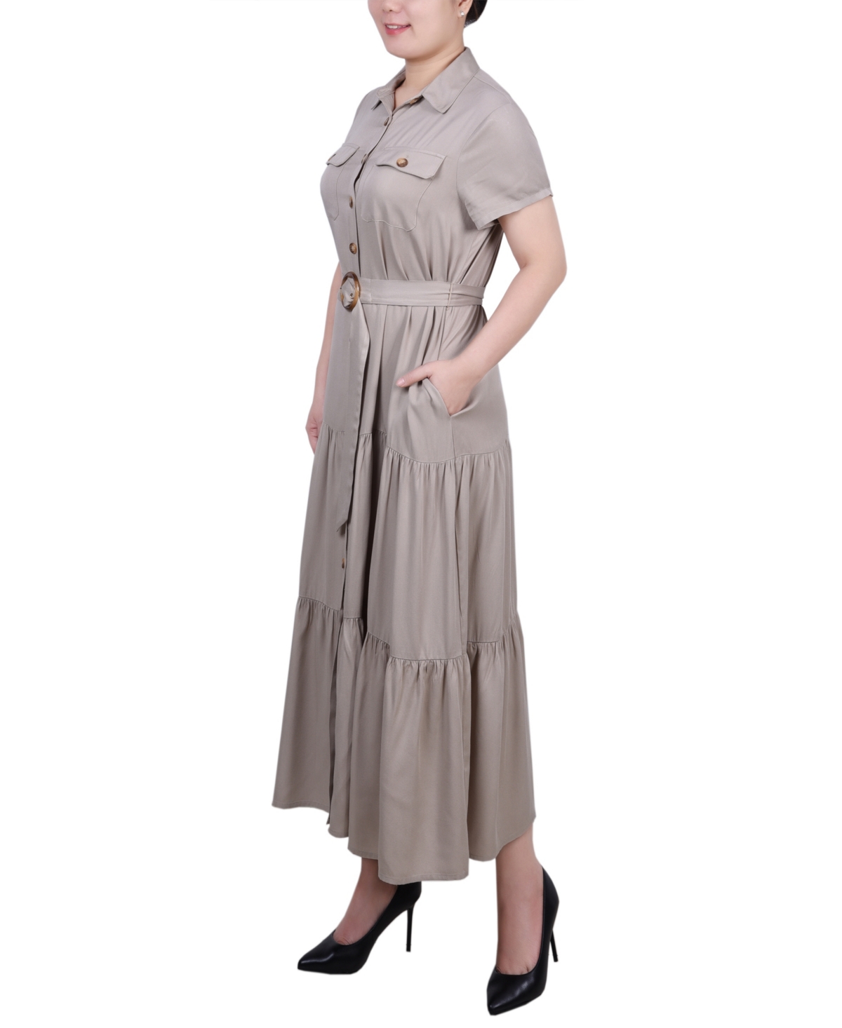 Ny Collection Women's Short Sleeve Midi Twill Dress