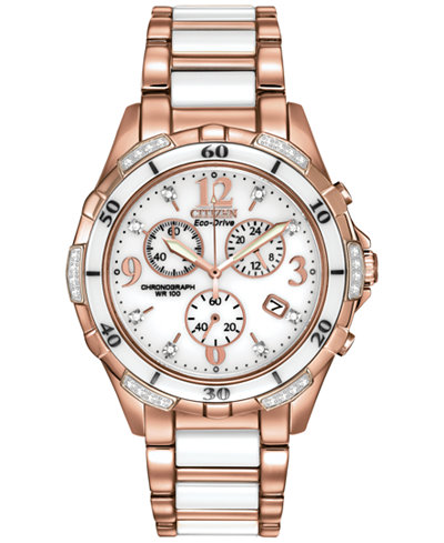 Citizen Women's Chronograph Eco-Drive Diamond Accent White Ceramic and Rose Gold-Tone Stainless Steel Bracelet Watch 40mm FB1233-51A