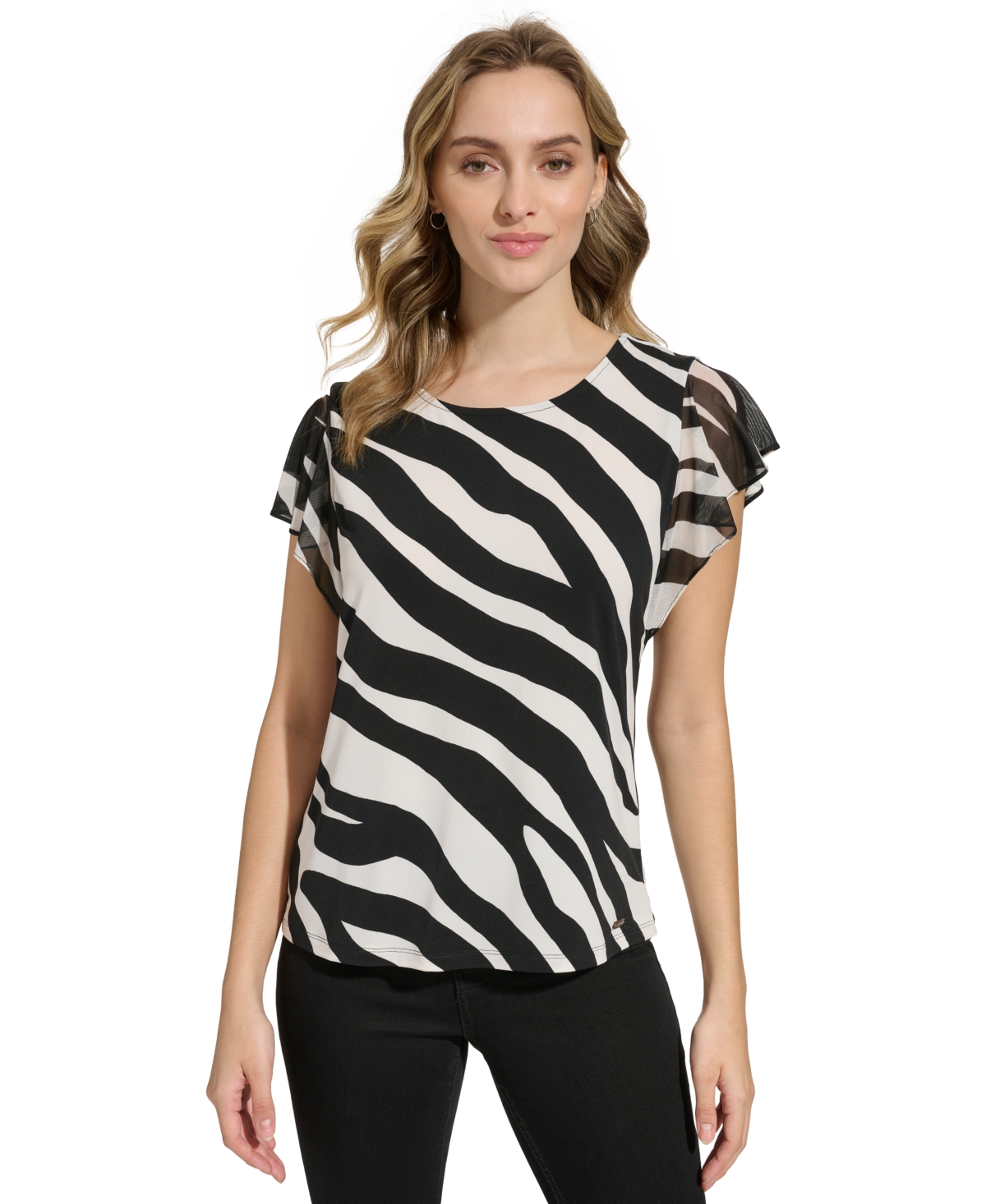 Calvin Klein Women's Printed Mesh Sleeve Top In Zebra
