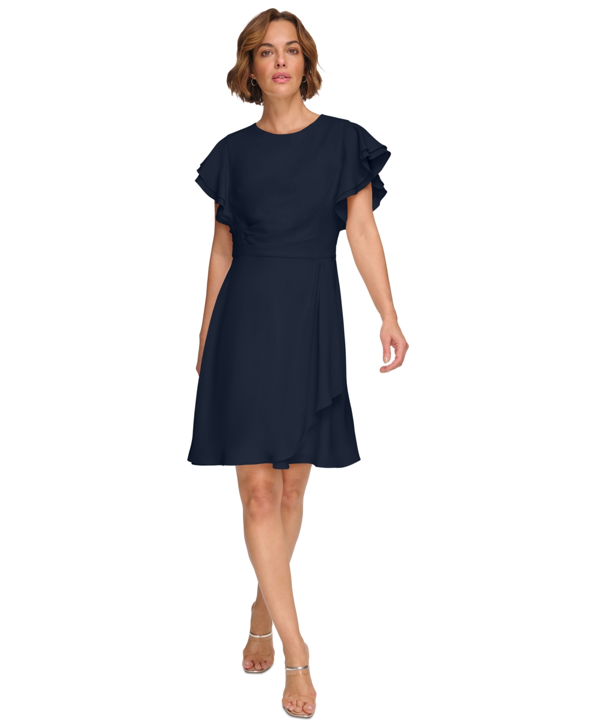 Dkny Women's Flutter-sleeve Ruched Dress In Midnight