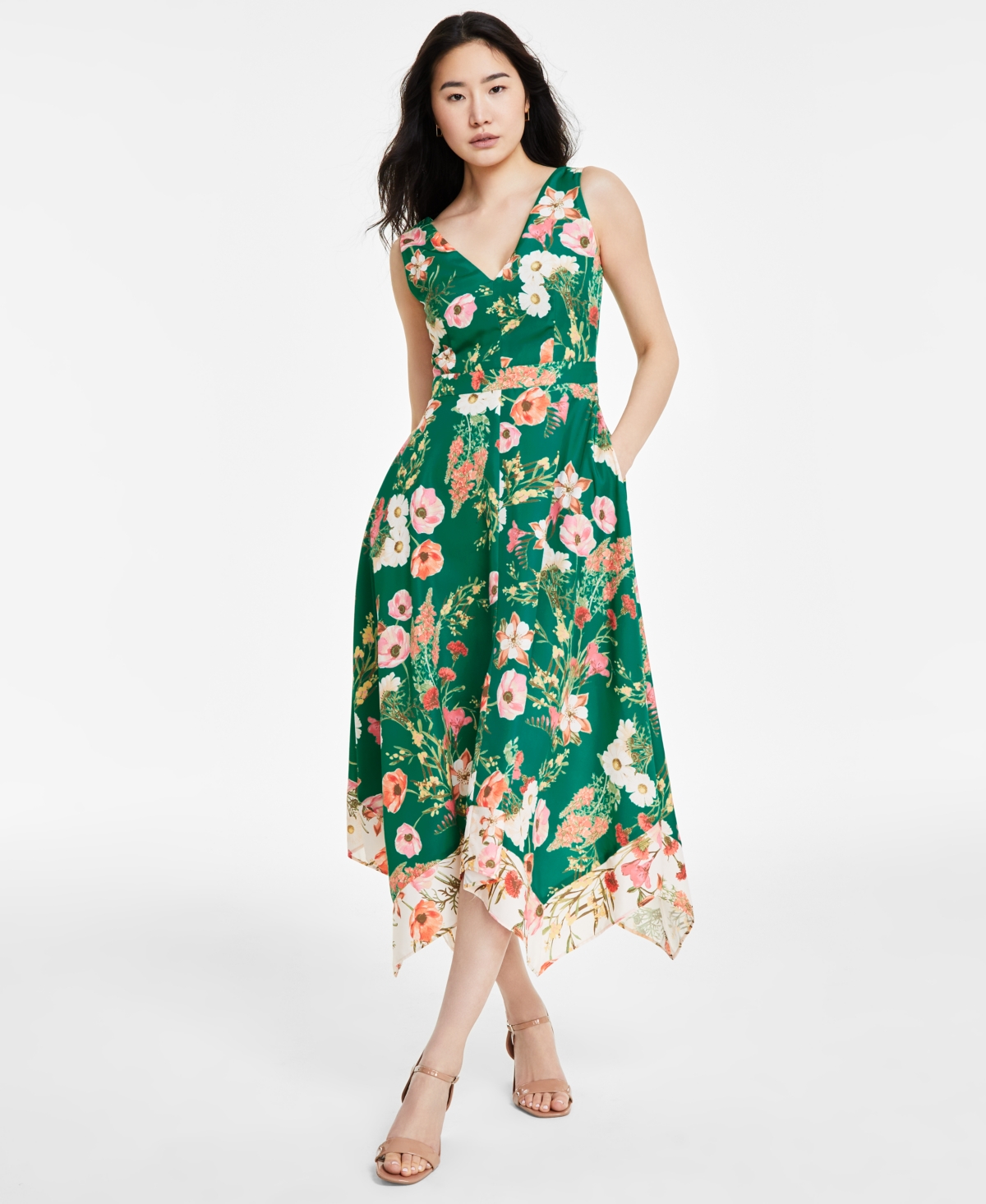 Shop Vince Camuto Women's Floral-print Handkerchief-hem Midi Dress In Green Multi