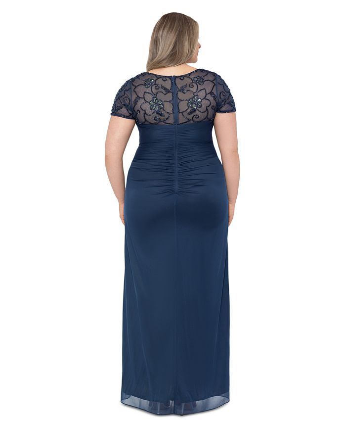 XSCAPE Plus Size Beaded Illusion-Trim Side-Ruched Gown - Macy's