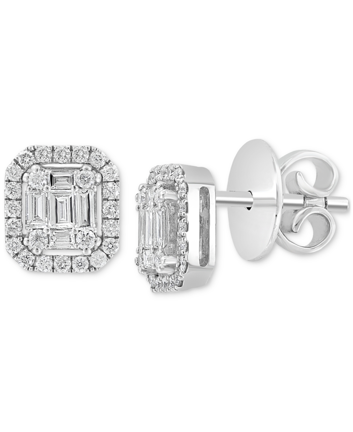 Effy Collection Effy Certified Diamond Baguette & Round Halo Emerald Shaped Cluster Stud Earrings (3/8 Ct. T.w.) In In White Gold