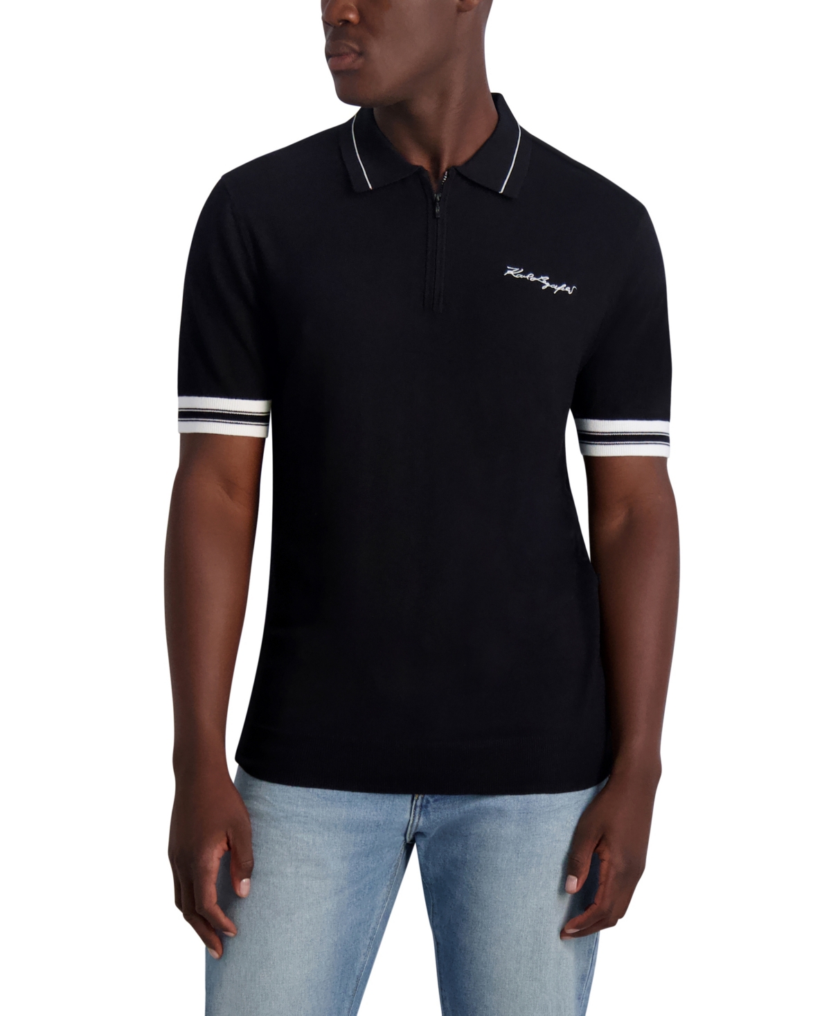 Men's Contrasting Color Sleeves and Signature Logo Sweater Polo Shirt - Black