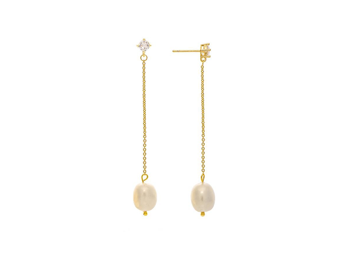 Cubic Zirconia and Pearl Chain Drop Dangle Earrings - Gold with clear cz and white pearl