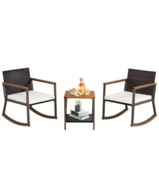 3 Pieces Rattan Rocking Bistro Set with Coffee Table and Cushions
