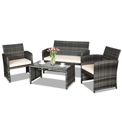 4 Pcs Patio Rattan Furniture Set Top Sofa With Glass Table