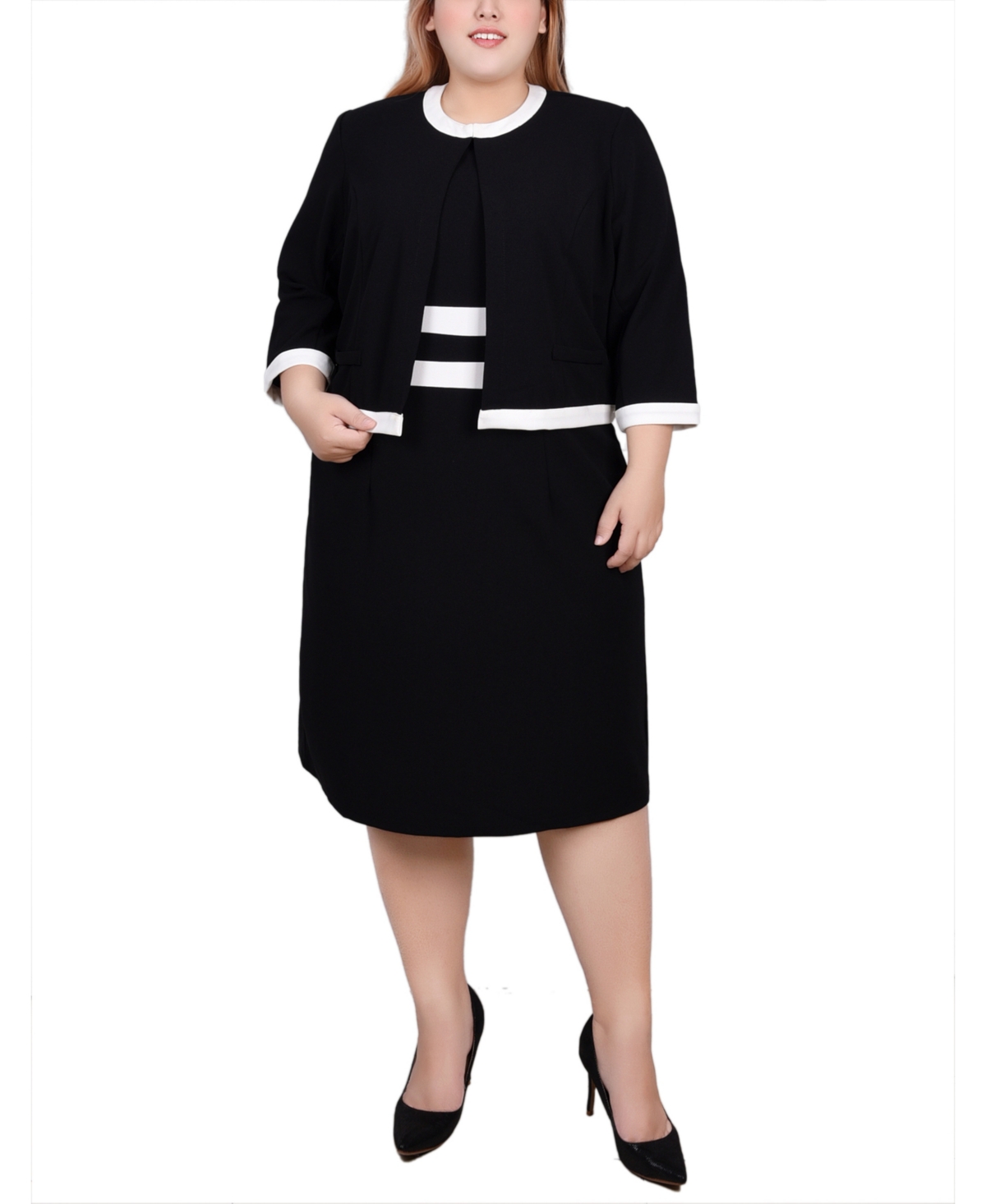 Ny Collection Plus Size Elbow Sleeve Colorblocked Dress, 2 Piece Set In Black White