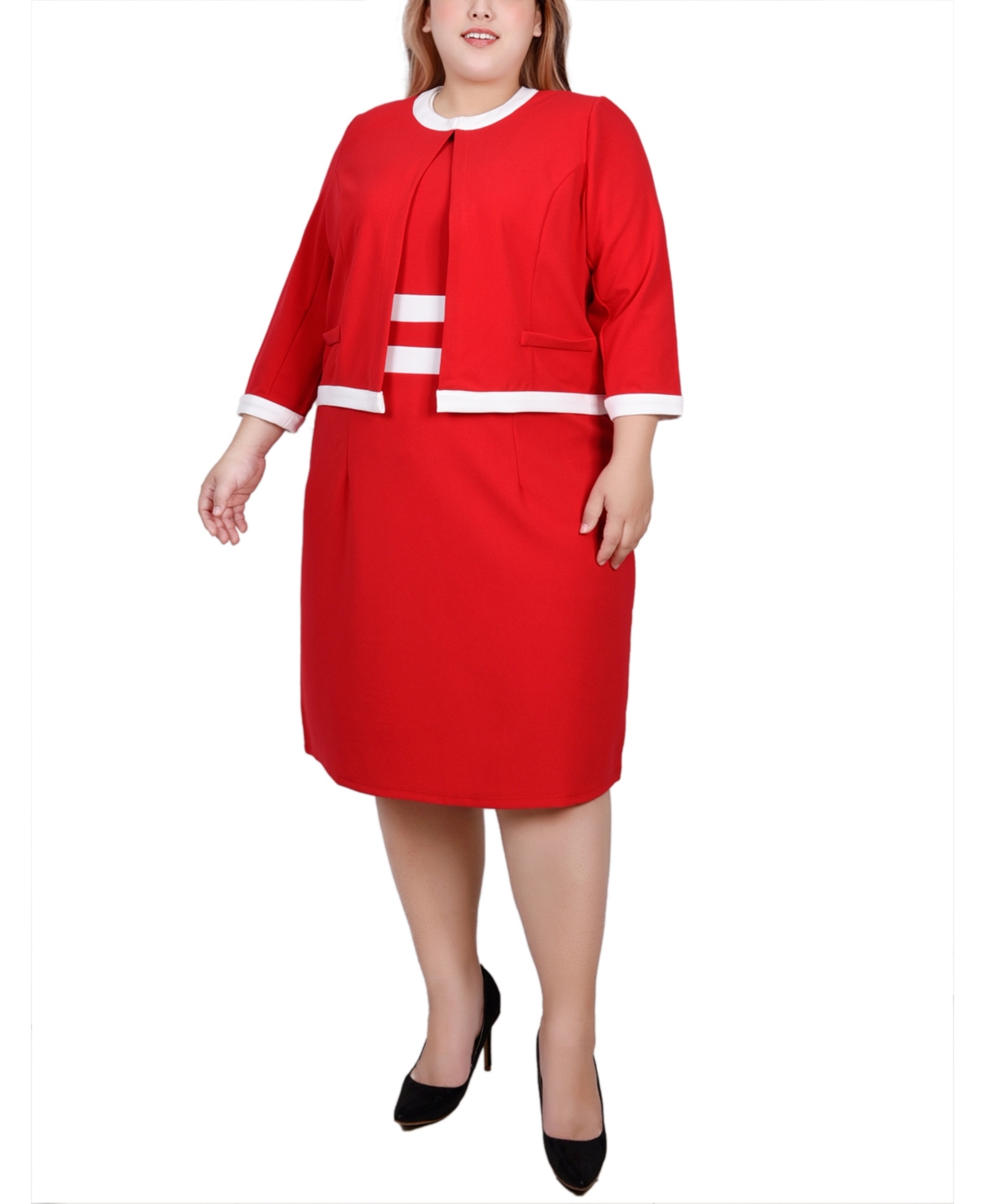 Ny Collection Plus Size Elbow Sleeve Colorblocked Dress, 2 Piece Set In Fire Red White