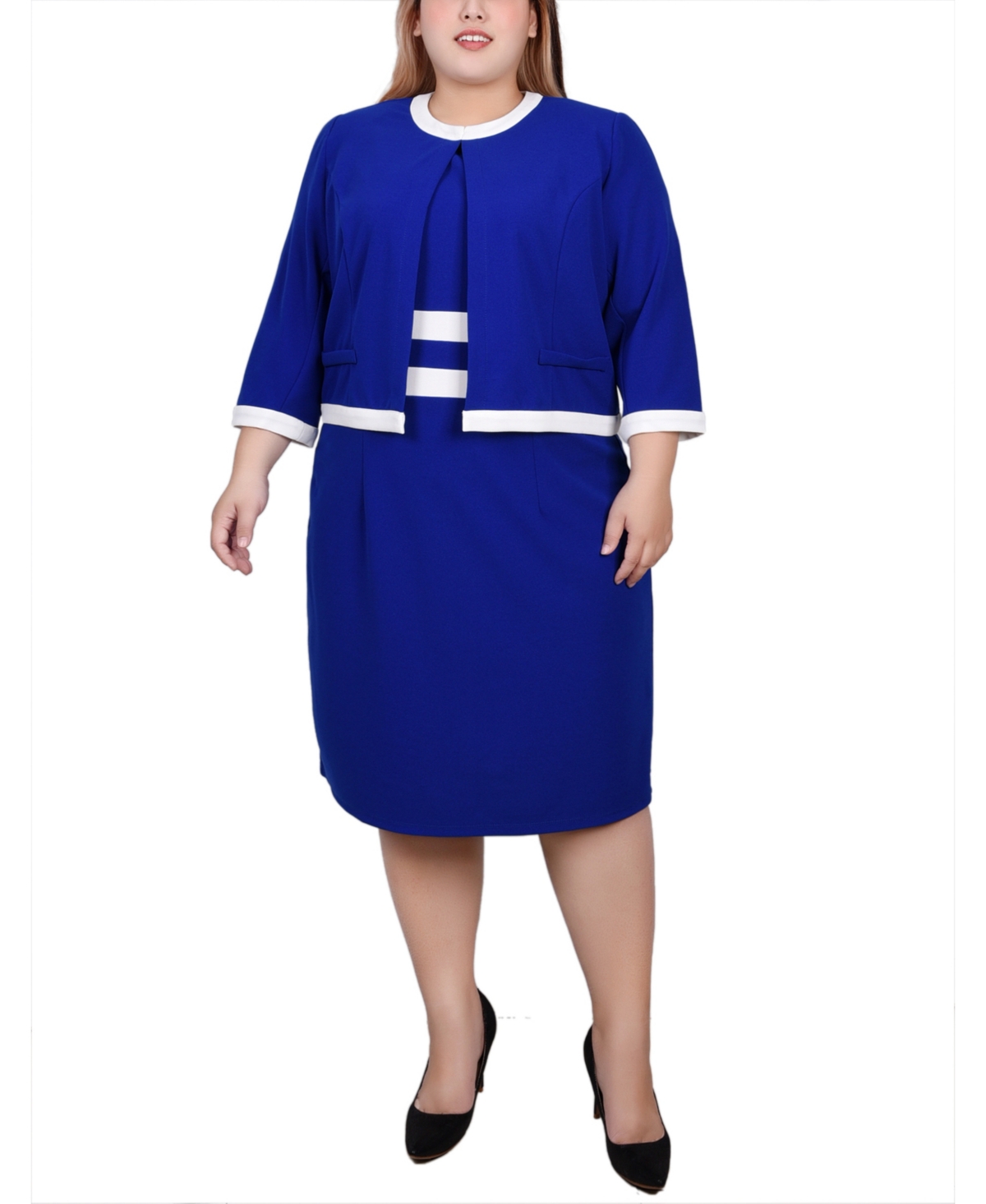 Ny Collection Plus Size Elbow Sleeve Colorblocked Dress, 2 Piece Set In Sapphire White