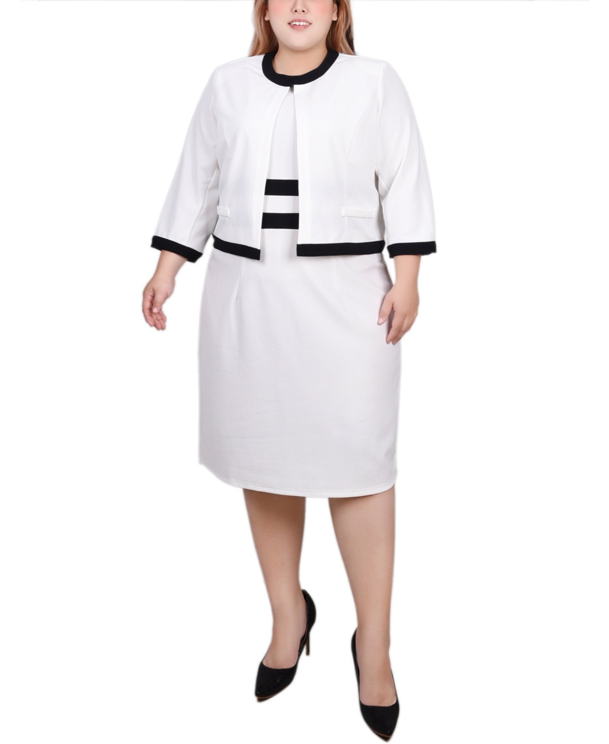 Ny Collection Plus Size Elbow Sleeve Colorblocked Dress, 2 Piece Set In White Black
