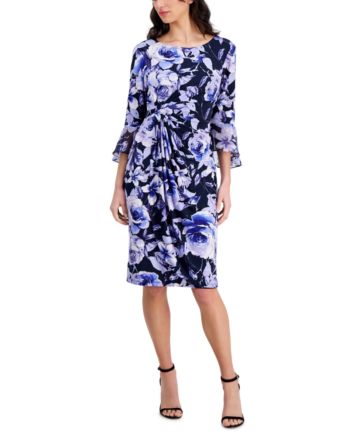 Connected Printed Flounce-sleeve Sheath Dress In Navy,peri