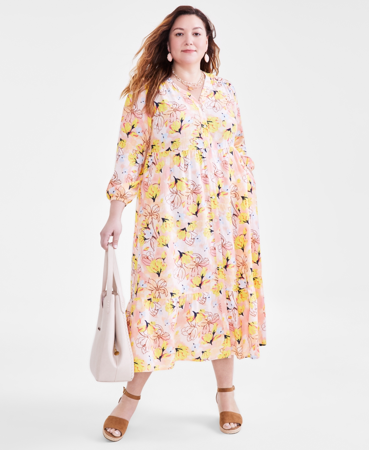 Shop Style & Co Plus Size Floral-print Tiered 3/4-sleeve Dress, Created For Macy's In Arles Floral Pink