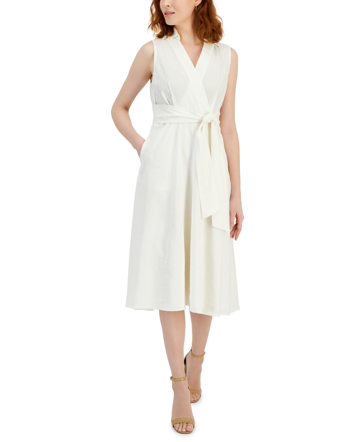 Women's Faux-Wrap Linen Midi Dress - Summer Sky