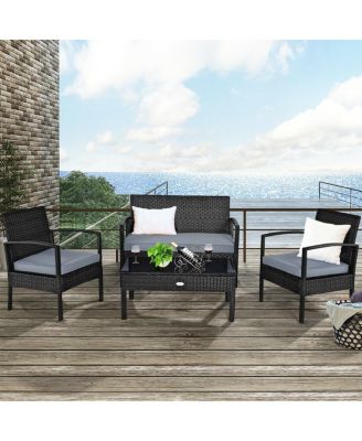 4 Piece Patio Rattan Furniture Set with Cushions, Loveseat & Table