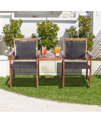 2-Seat Patio Rattan Acacia Wood Chair with Coffee Table