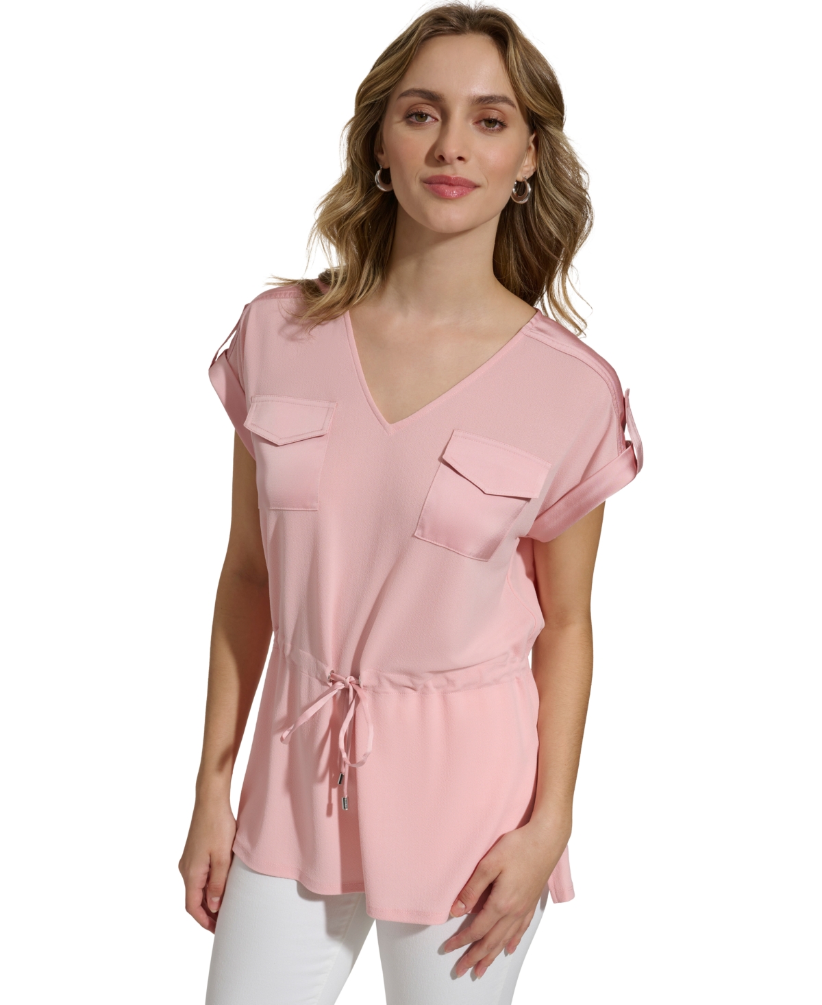 Shop Calvin Klein Women's Short-sleeve Drawstring Top In Silver Pink