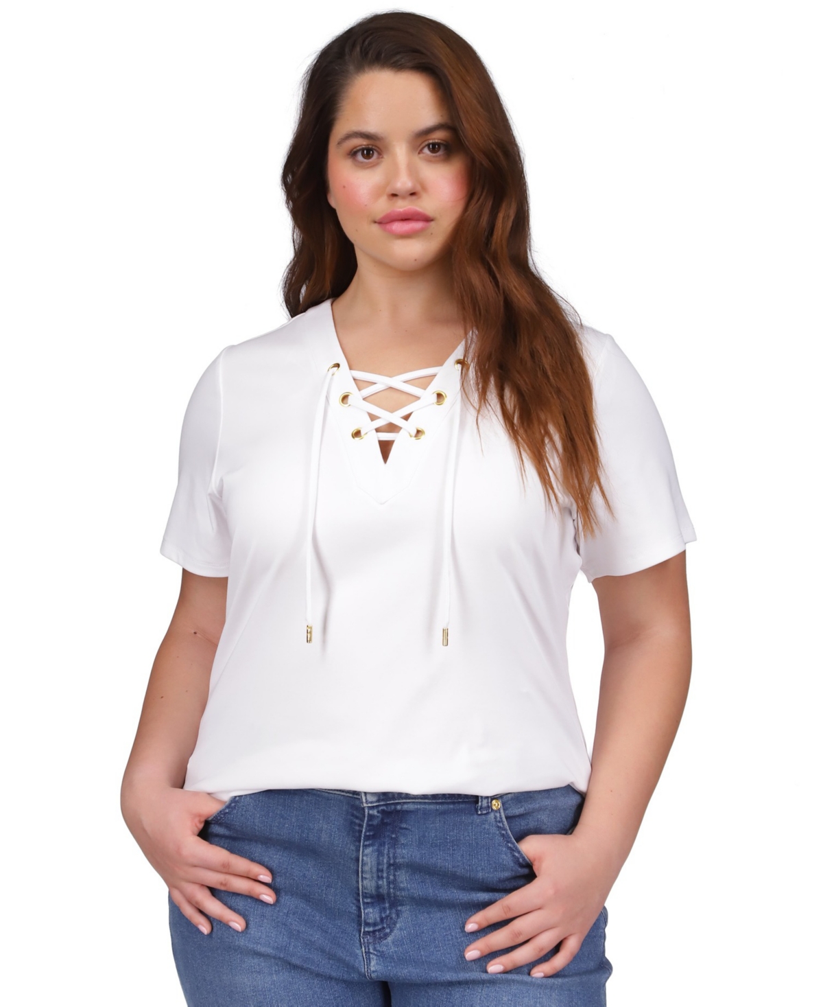 Michael Kors Michael  Plus Size Lace-up Short-sleeve T-shirt In White