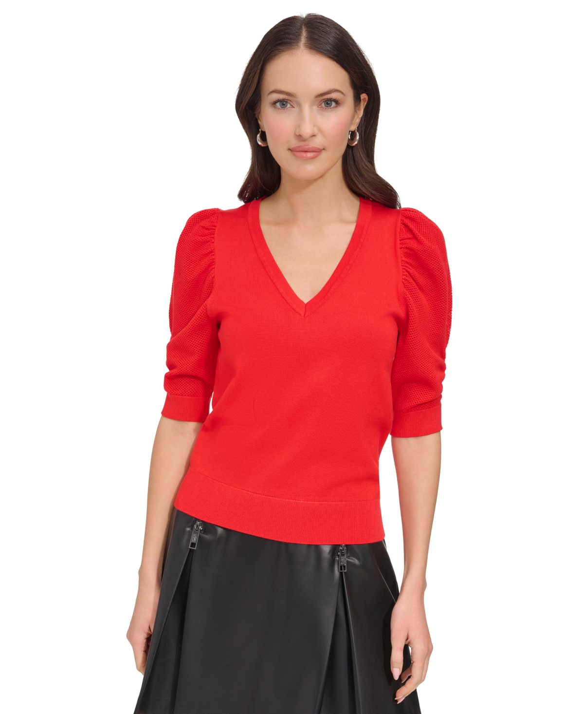 Shop Dkny Women's Puff-sleeve V-neck Sweater In Flame
