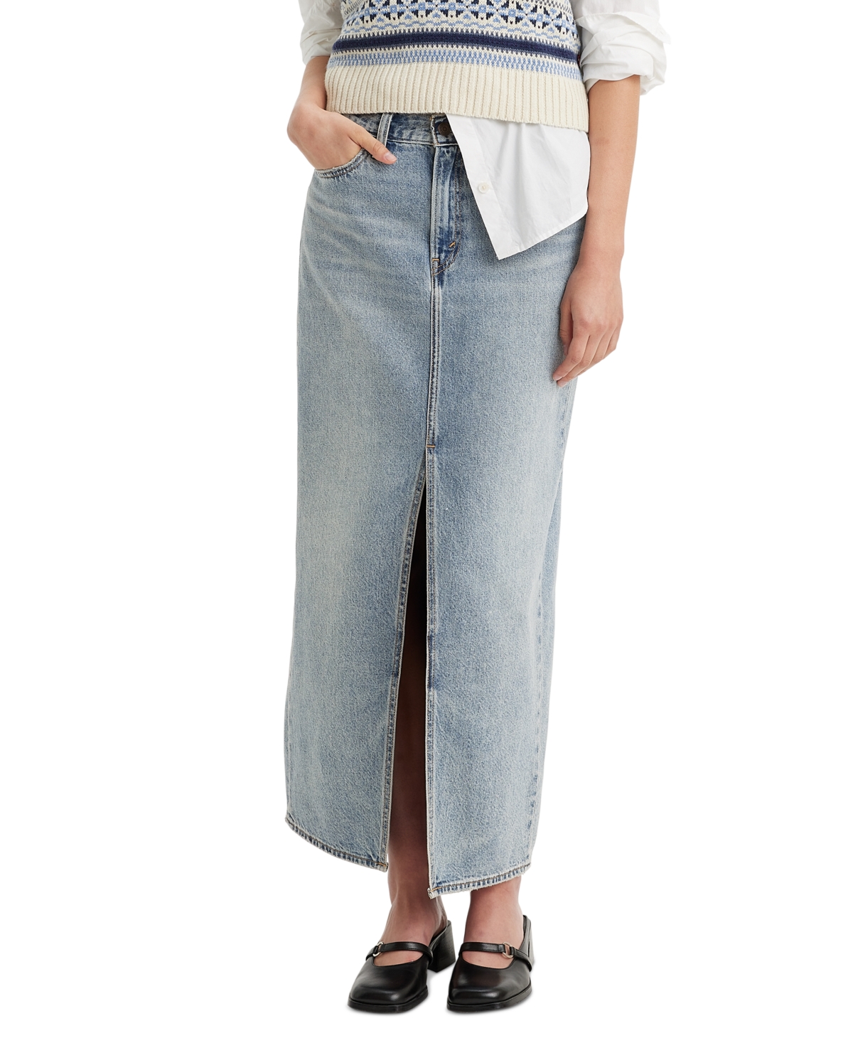 Shop Levi's Women's Cotton Denim Front-slit Ankle Column Skirt In Please Hold