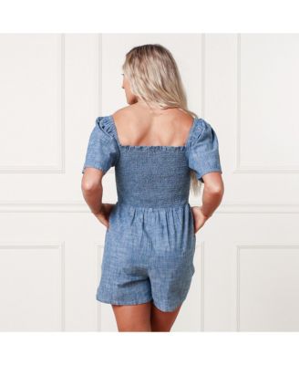 Women's Bell Sleeve Smocked Chambray Romper