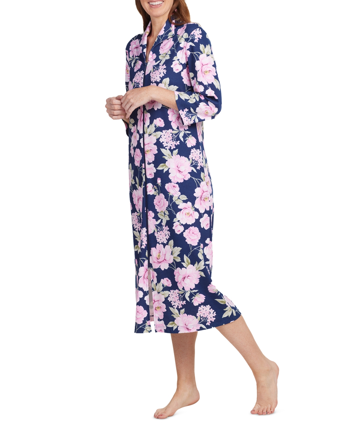 Women's Floral-Print Knit Long Zip Robe - Pink Roses On Navy