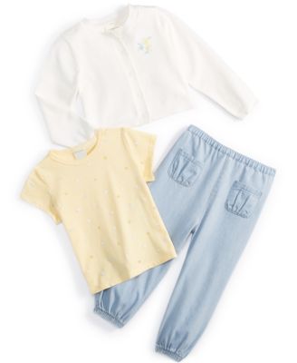 First Impressions - Baby Girls Cardigan, T-Shirt and Chambray Pants