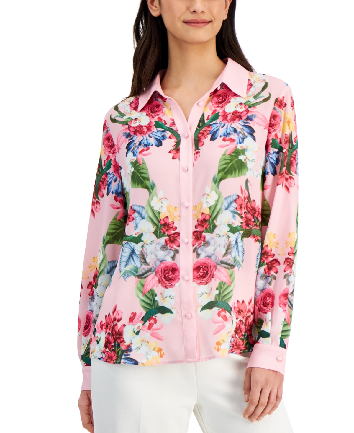 T Tahari Women's Collared Long-sleeve Button-down Floral Top In Placed Rose Print