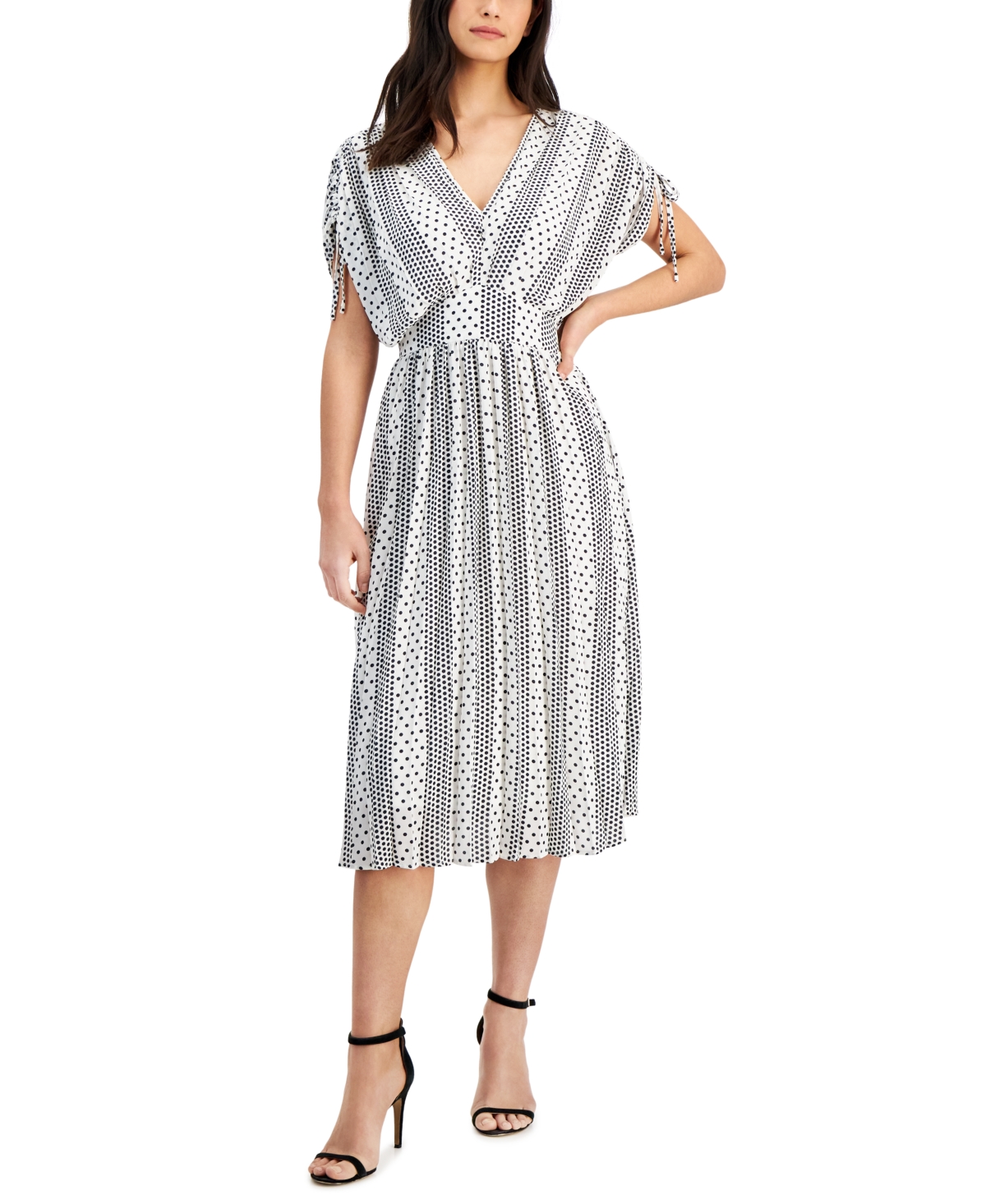 T Tahari Women's Dropped-shoulder Pleated V-neck Midi Dress In Dotted Dream