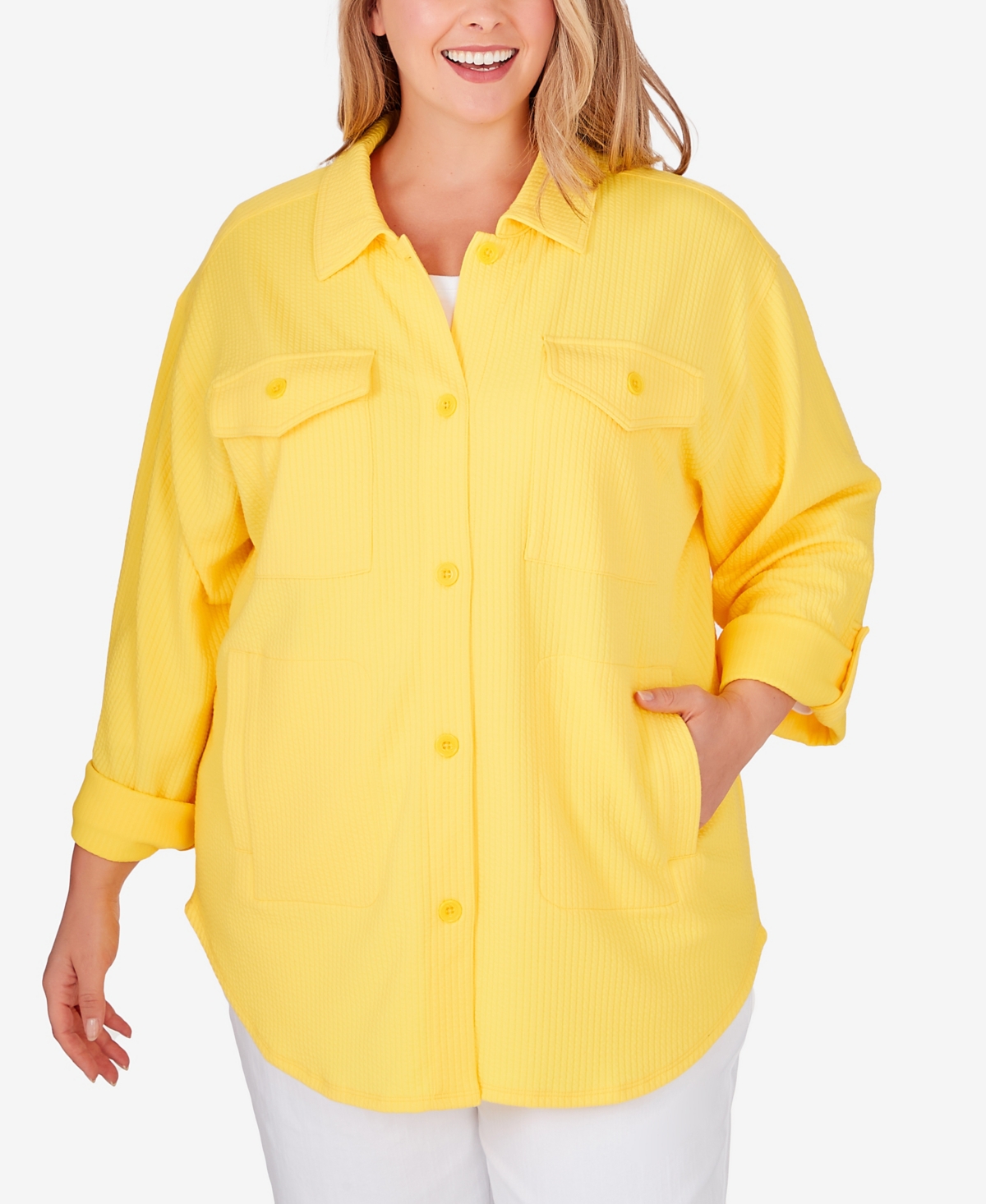 Plus Size Button Front Shirt Collar Textured Knit Jacket with Pockets - Sunburst