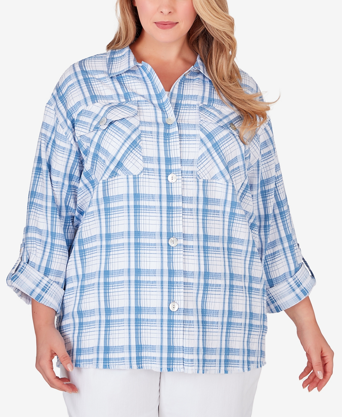 Ruby Rd. Plus Size Button Front Shirt Collar Light Weight Plaid Jacket In Atlantic Multi