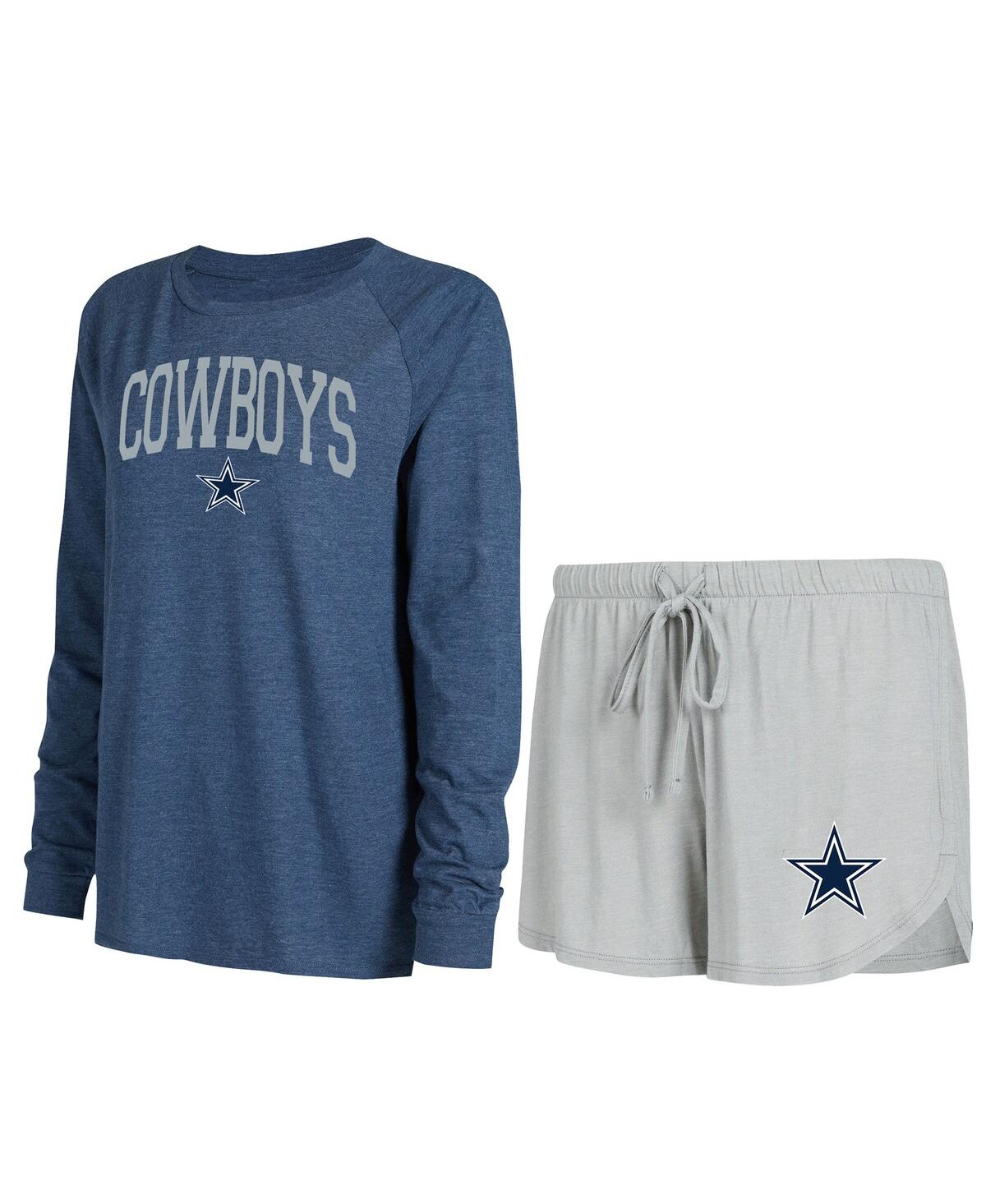 Women's Concepts Sport Gray, Navy Dallas Cowboys Raglan Long Sleeve T-shirt and Shorts Lounge Set - Gray, Navy