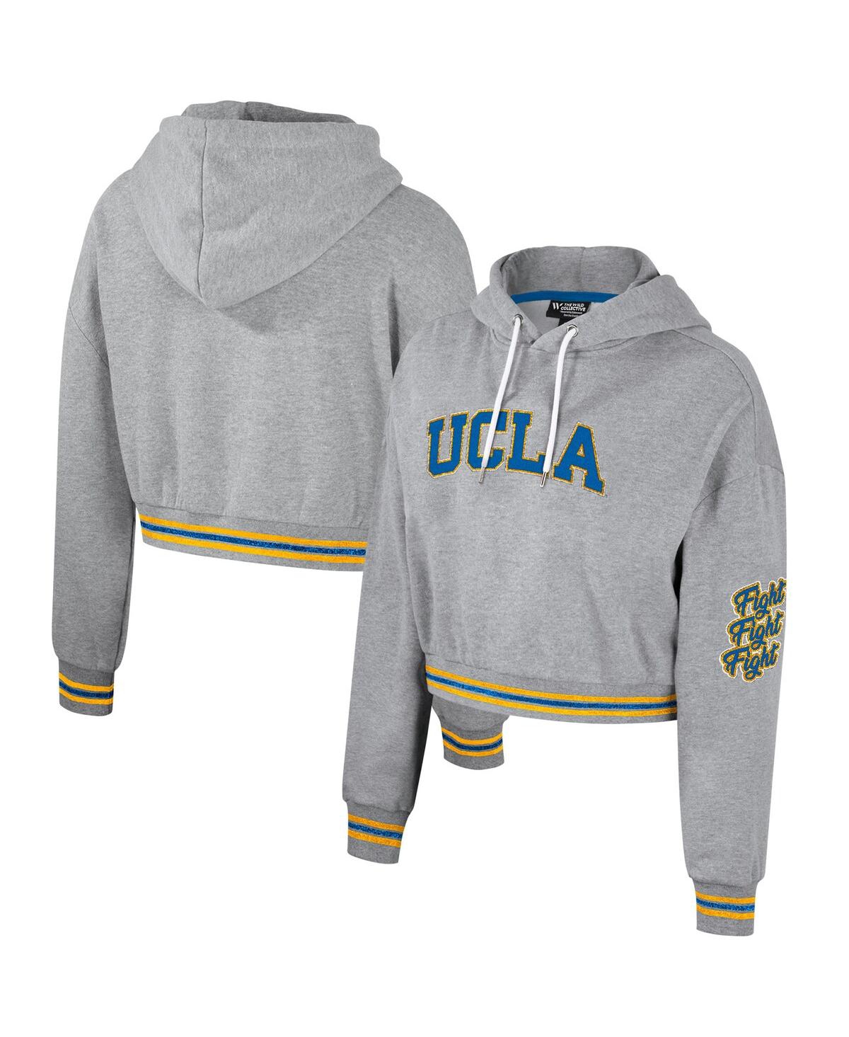 Women's The Wild Collective Heather Gray Distressed Ucla Bruins Cropped Shimmer Pullover Hoodie - Heather Gray