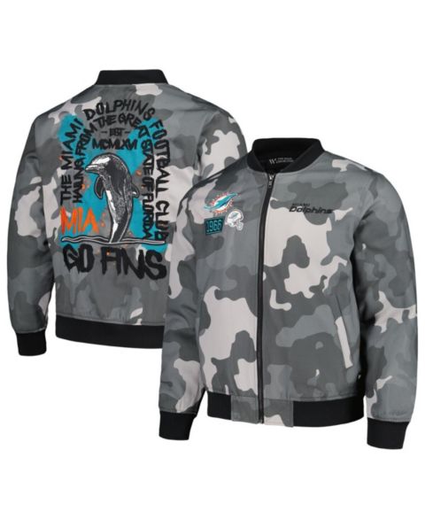 Женские куртки The Wild Collective Men's and Women's Gray Distressed Miami Dolphins Camo Bomber Jacket