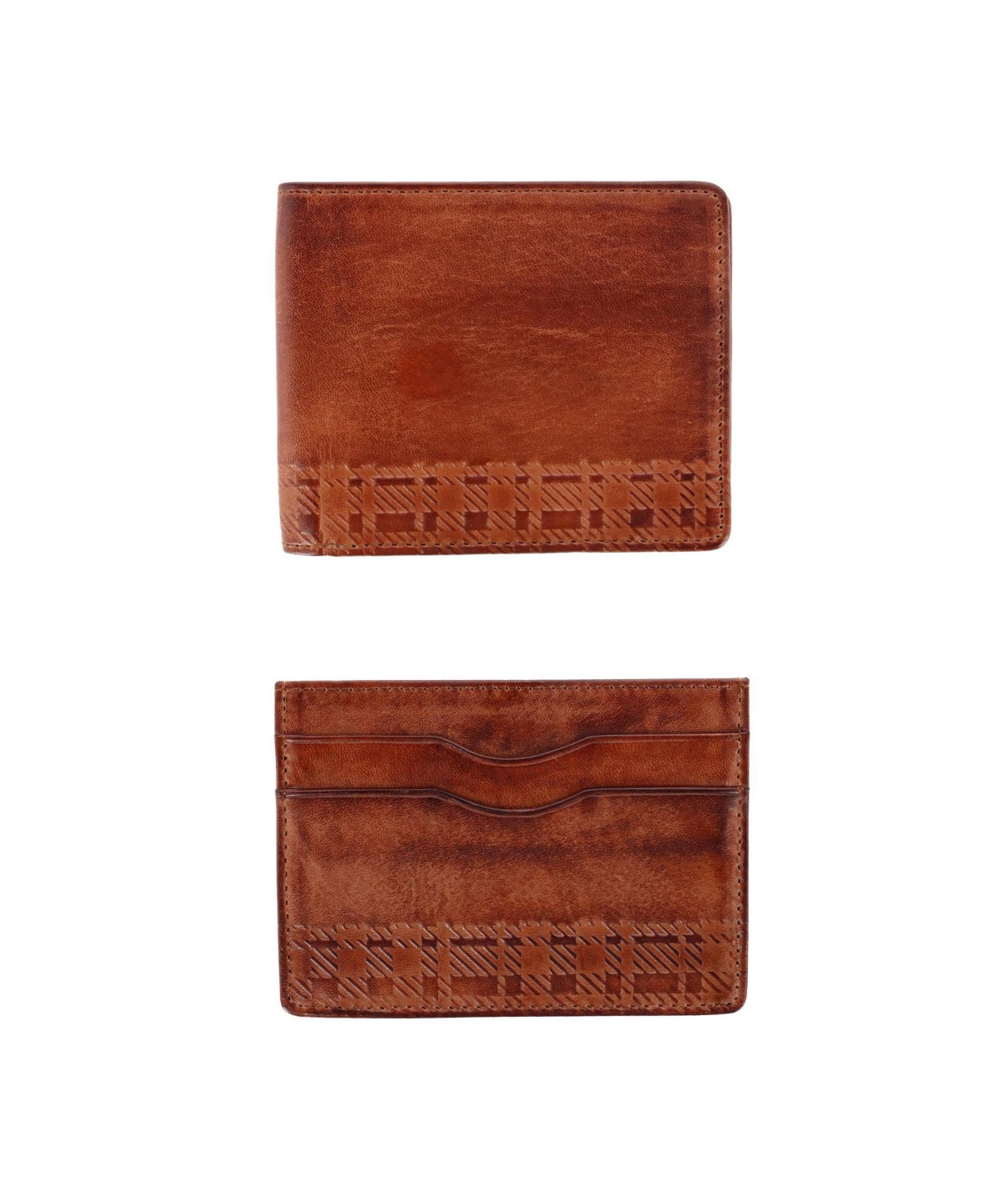 Caelen Plaid Embossed Bi-Fold Wallet and Card Case Combo - Cognac